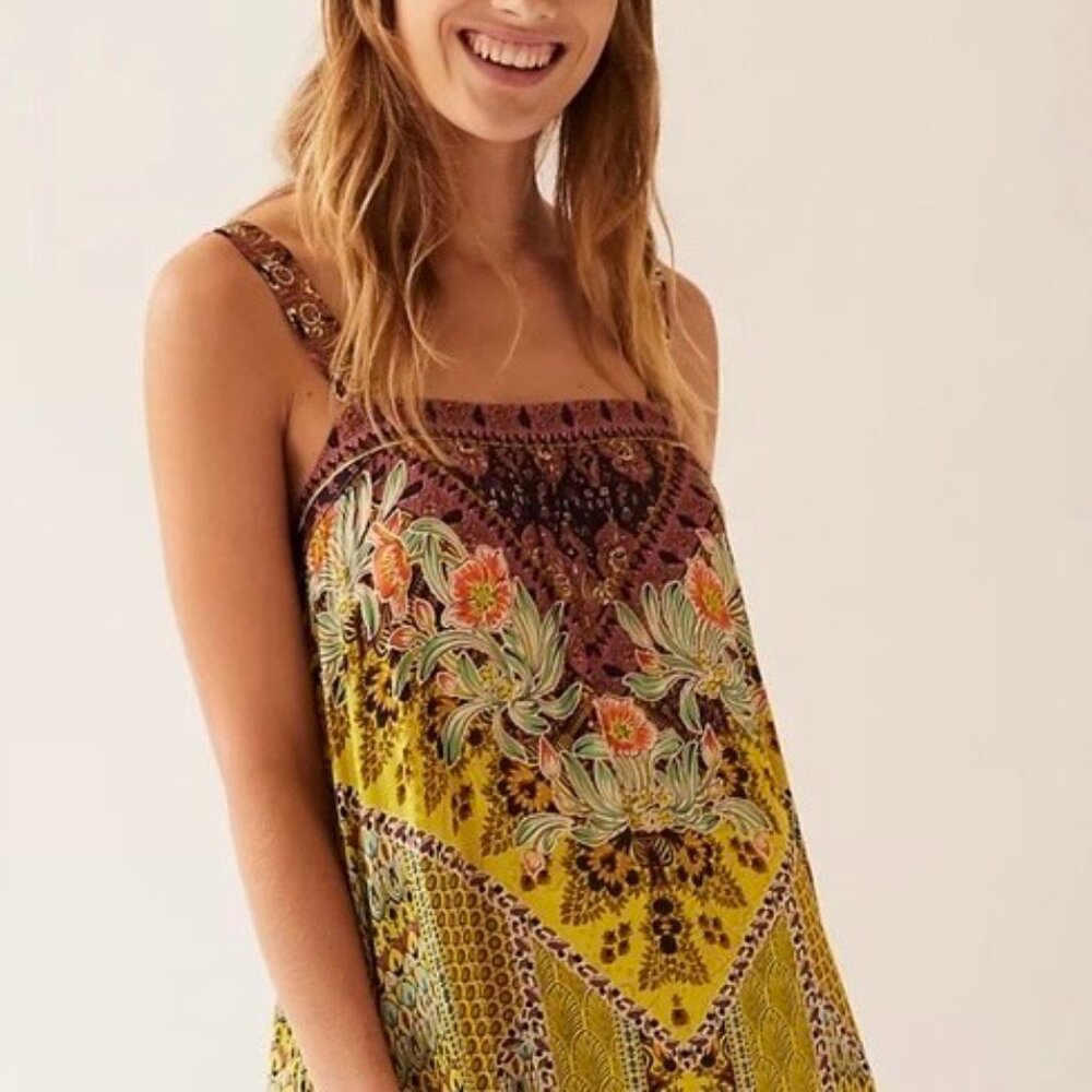 Anthropologie Women Boho Dress Lovett Tiered Maxi Dress Brown Yellow Size M